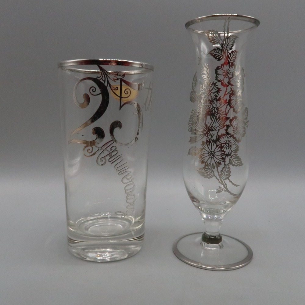 Vintage‎ Sterling Silver Overlay 25th Anniversary Glass & Vase Lot of 2